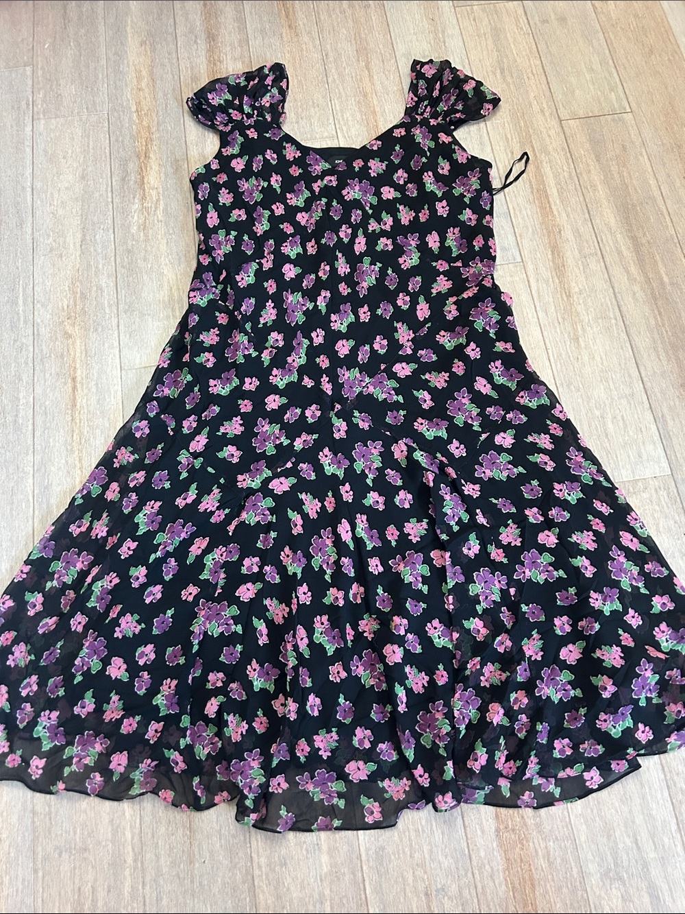 VTG Silk Chiffon Midi Dress with Pink & Green Floral Print bias-cut 16W - Picture 3 of 16